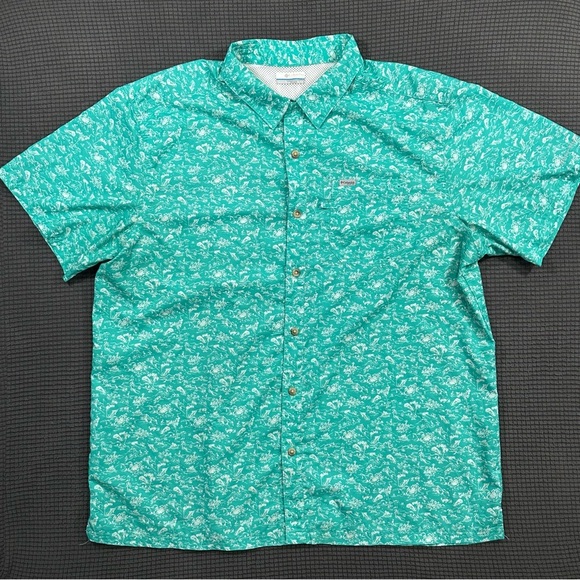 Columbia Other - Columbia PFG Fishing ShirtXL Teal Green Fish Print Vented Short Sleeve Button Up
